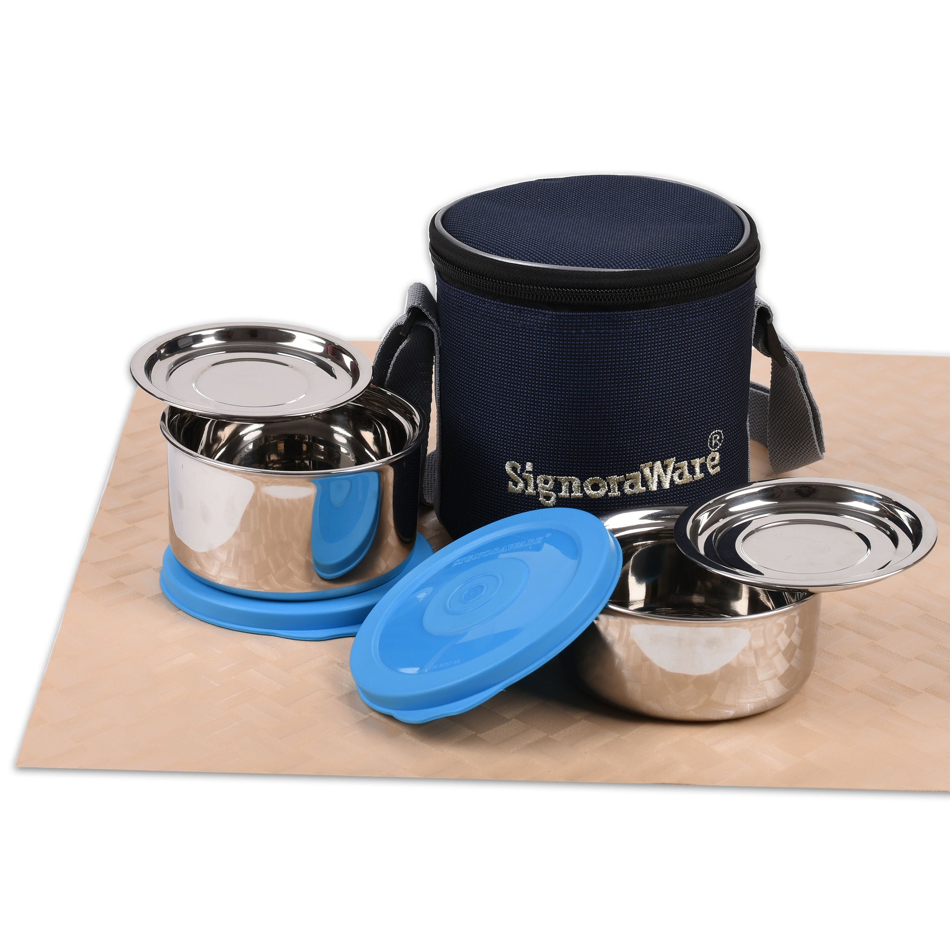 Signoraware - Executive Twin Wall Small Stainless Steel Lunch Box Set Of 2Pcs (1Pc-350ML+1Pc-260ML) Blue - Ghar Sajawat