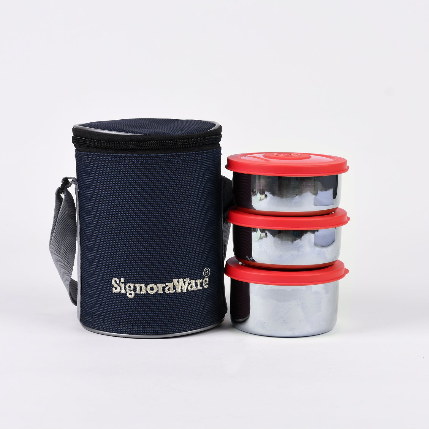 Signoraware - Executive Twin Wall Medium Stainless Steel Lunch Box Set Of 3Pcs (1Pc-350ML+2Pcs-260ML) Red - Ghar Sajawat