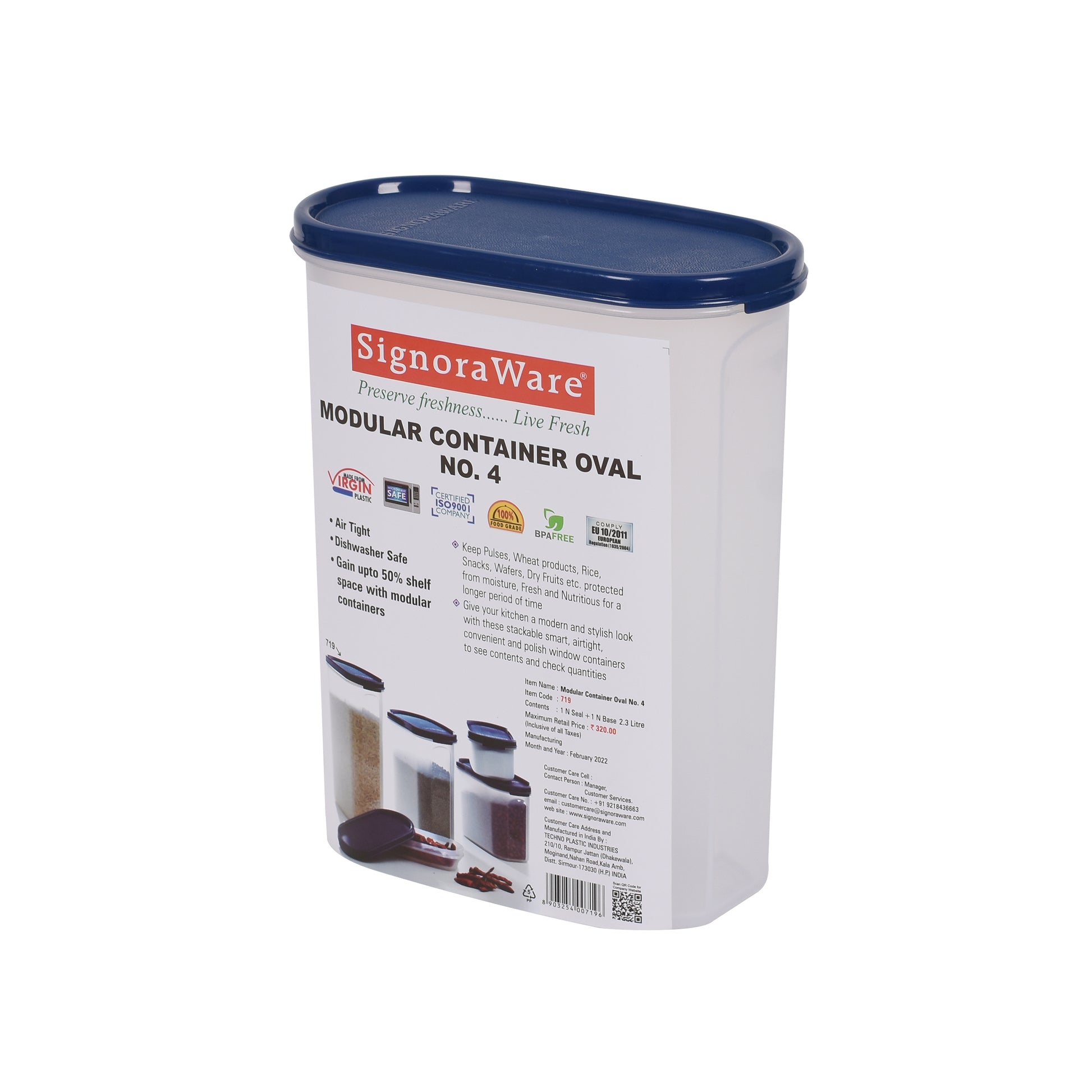 Signoraware - Modular Container Oval BPA Free Plastic Storage 1Pcs (2.3 Ltr) Mod Blue - Ghar Sajawat
