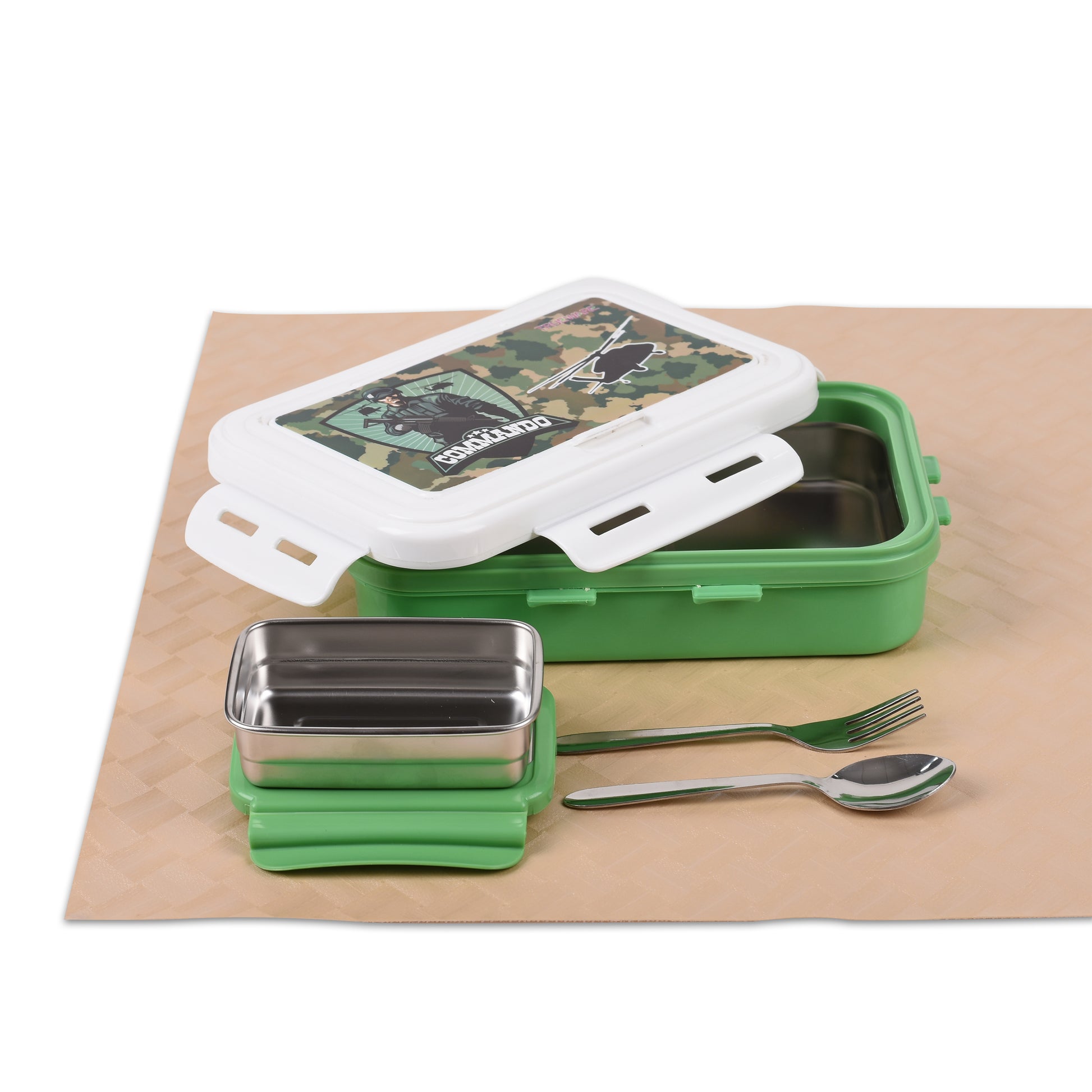 Trueware - Senior Poko Stainless Steel Lunch Box 1Pcs (1050ML With Spoon) Green Commando - Ghar Sajawat
