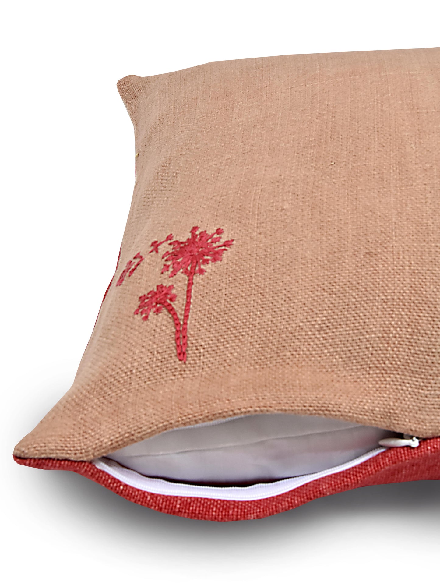 Pink and Red Hemp Plant Hand Embroidered Cushion Cover