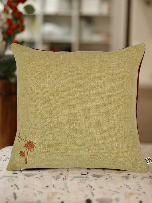 Beige and Brown Hemp Plant Hand Embroidered Cushion Cover